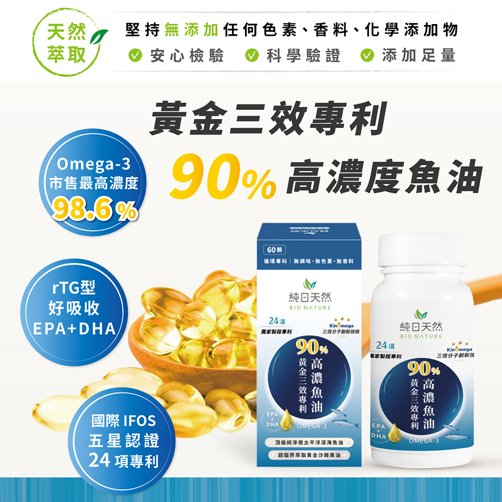       【純日天然】黃金三效專利90%高濃度魚油x1盒/60顆(IFOS五