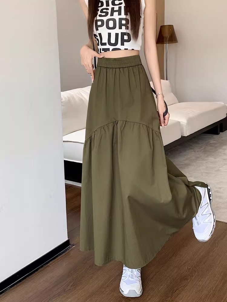 韓版時尚設計感褶皺拼接鬆緊腰長裙 M-XL 多色 