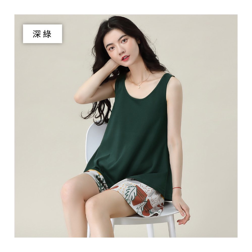 韓系時尚鬆緊腰帶熱帶風情背心短褲居家服-6色 