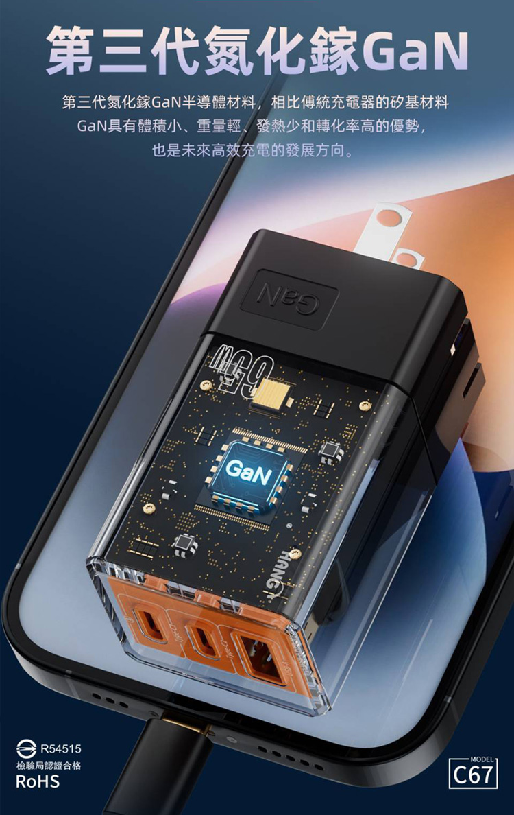 【HANG】C67 65W GaN 迷你氮化鎵PD三口 快速充電器2C1A