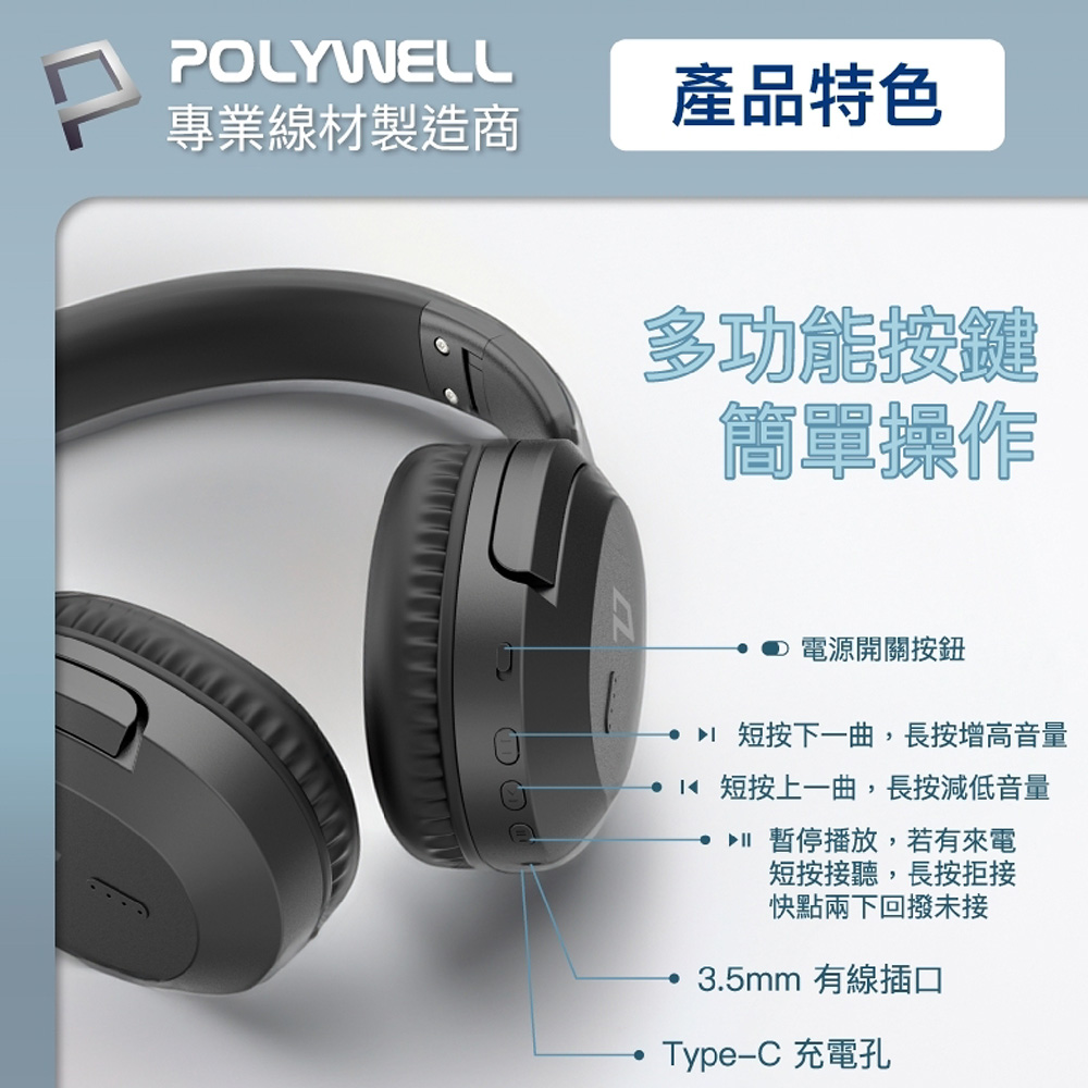 【POLYWELL】全罩式藍芽耳機 HIFI音質 藍牙5.1晶片 TM-086