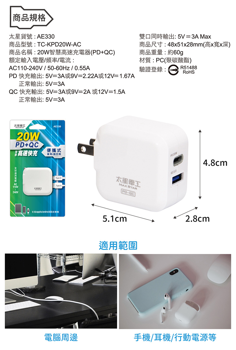 【太星電工】20W智慧高速充電器 快充 (PD+QC) AE330