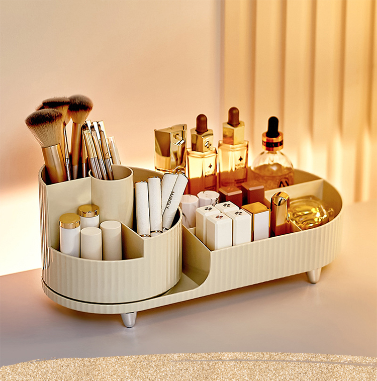 奶油風桌面多功能旋轉化妝品收納盒