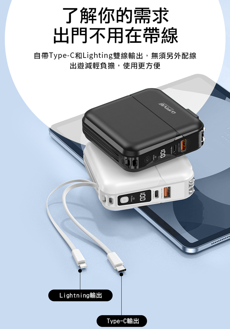 【G-FIVE】GP-W10P 帶線多合一行動電源PD/QC快充15000mAh