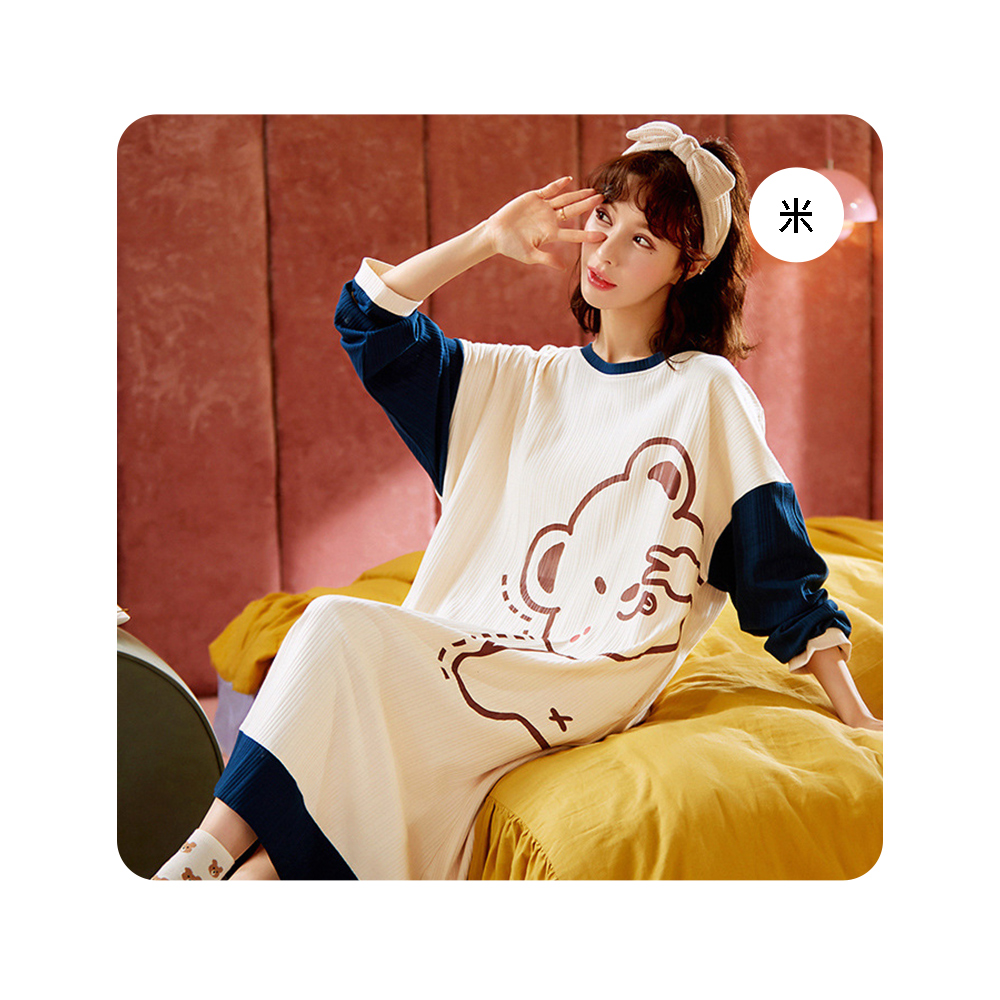 直坑條圓領卡通長袖棉質居家睡裙 XL/2XL