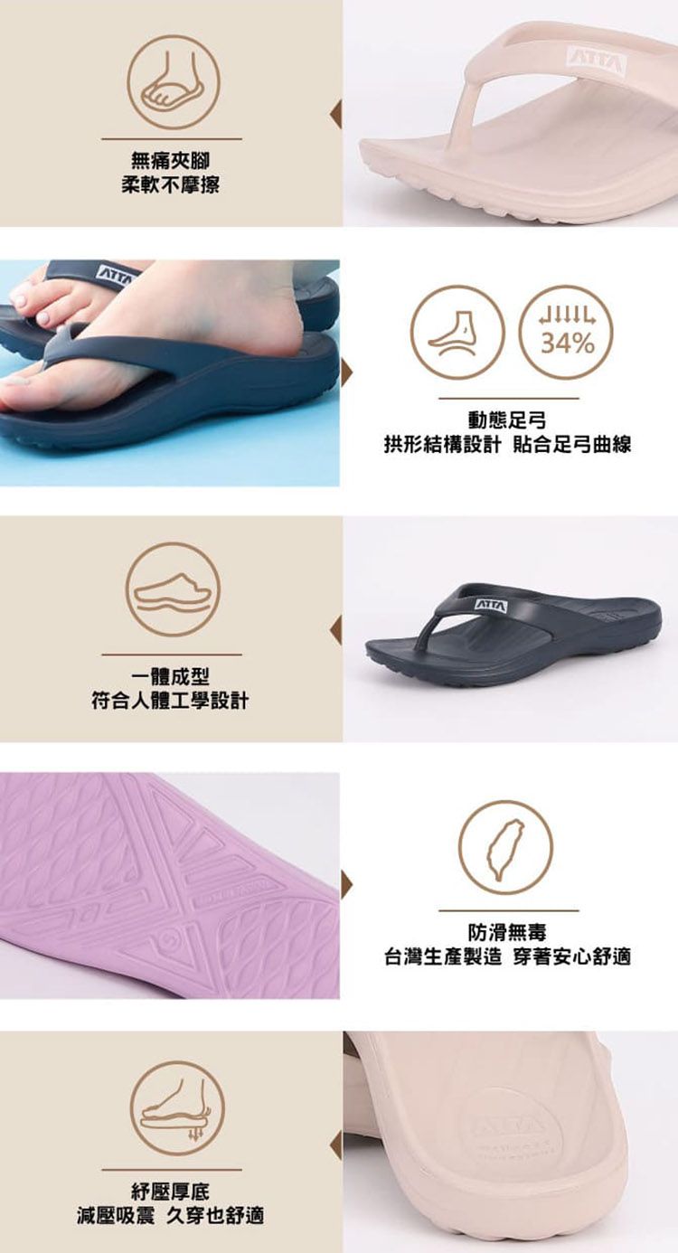 【ATTA】台灣製足底均壓支撐 扁平足推薦 EVA減壓防水止滑拖鞋