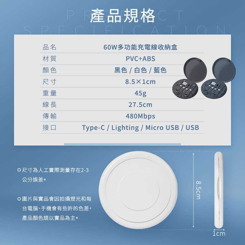 60W多功能充電線收納盒 蘋果 安卓 Type-C PD快充