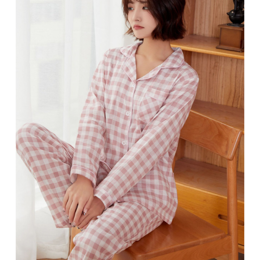 男女款日系格紋棉質雙紗居家睡衣 居家服 家居服
