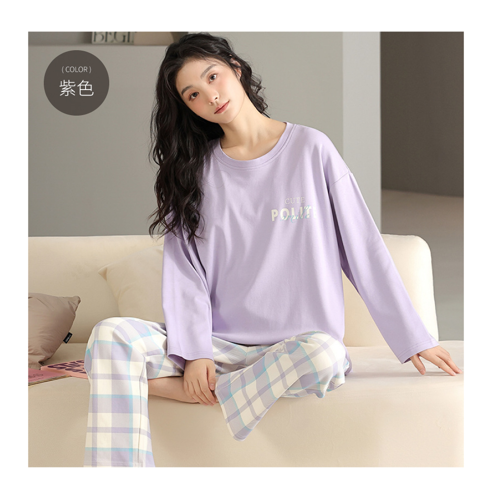 簡約日式純色格紋棉質居家睡衣-4色 家居服 居家服 透氣寬鬆