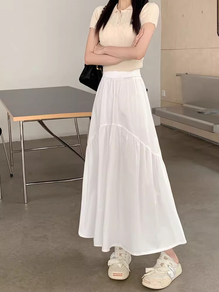 韓版時尚設計感褶皺拼接鬆緊腰長裙 M-XL 多色 