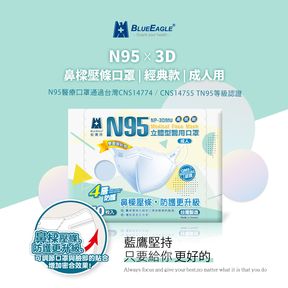 【藍鷹牌】醫用N95成人立體口罩-壓條款 50入/盒