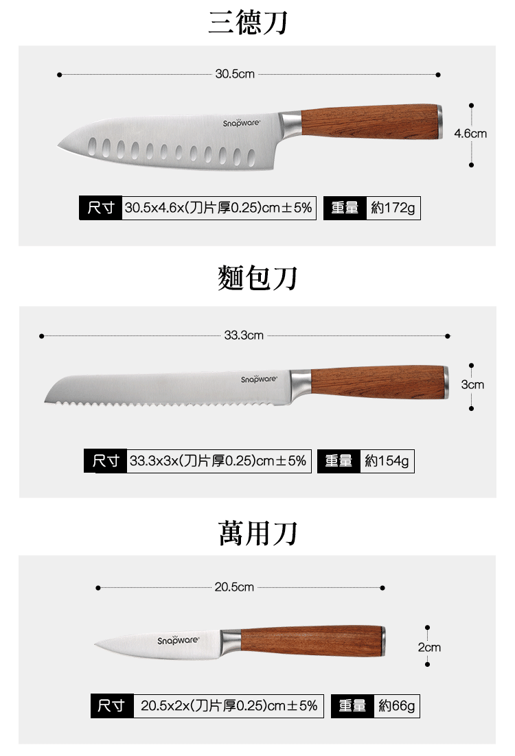 【美國康寧】SNAPWARE摩利不鏽鋼3件式刀具(三德刀/麵包刀/萬用刀)