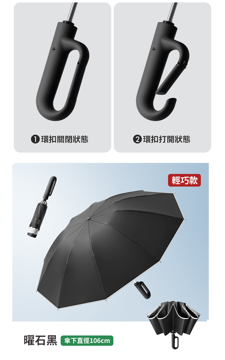 全自動黑膠環扣夜間反光反向傘5色