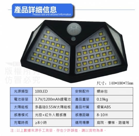 100高亮度太陽能感應燈