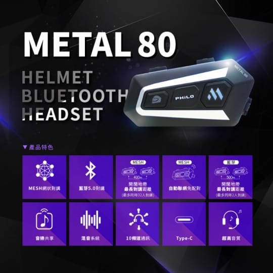 【Philo 飛樂】Metal 80 網狀藍芽 MESH雙系統對講耳機