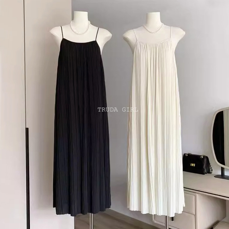 韓系女孩夏日寬鬆雙層百褶吊帶連身裙 洋裝 2色