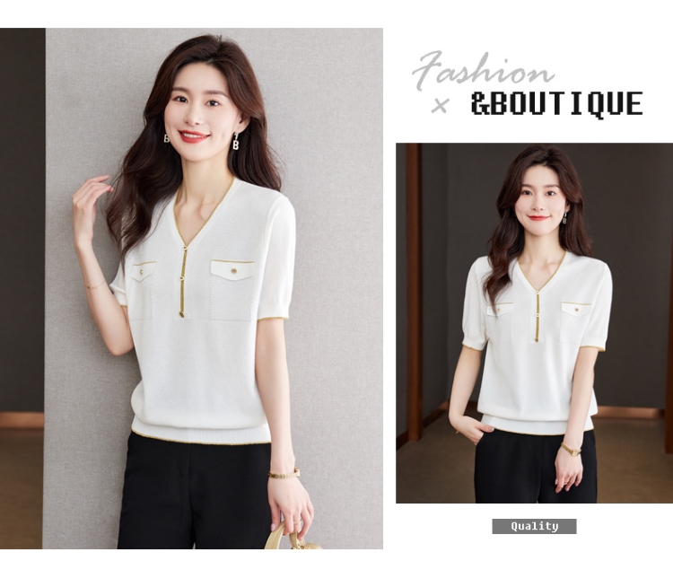 夏季針織女款短袖/V領衣/小香風金邊針織衫/V領拉鍊針織衣