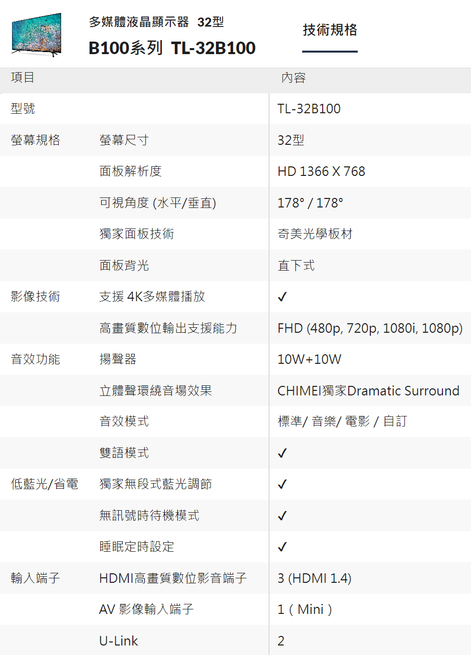 【奇美】32吋低藍光液晶顯示器 (無視訊盒)TL-32B100~含運不含拆箱定位