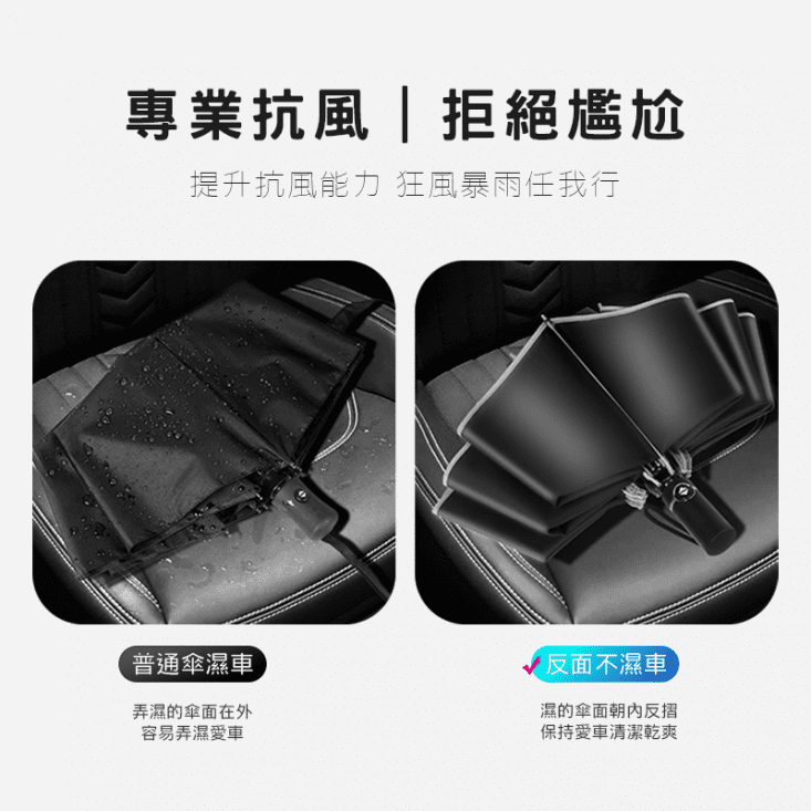 開車必備反向傘 安全反光條 超輕10骨抗暴風 收傘免淋濕 防潑水布 自動摺疊 車