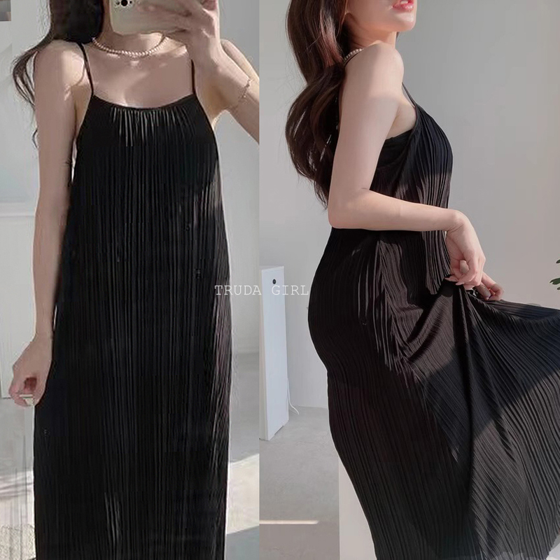 韓系女孩夏日寬鬆雙層百褶吊帶連身裙 洋裝 2色