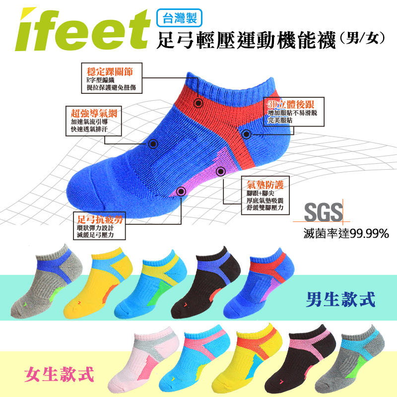 【ifeet】台灣製機能足弓微氣墊除臭壓力護足襪 除臭運動襪 襪子 機能襪