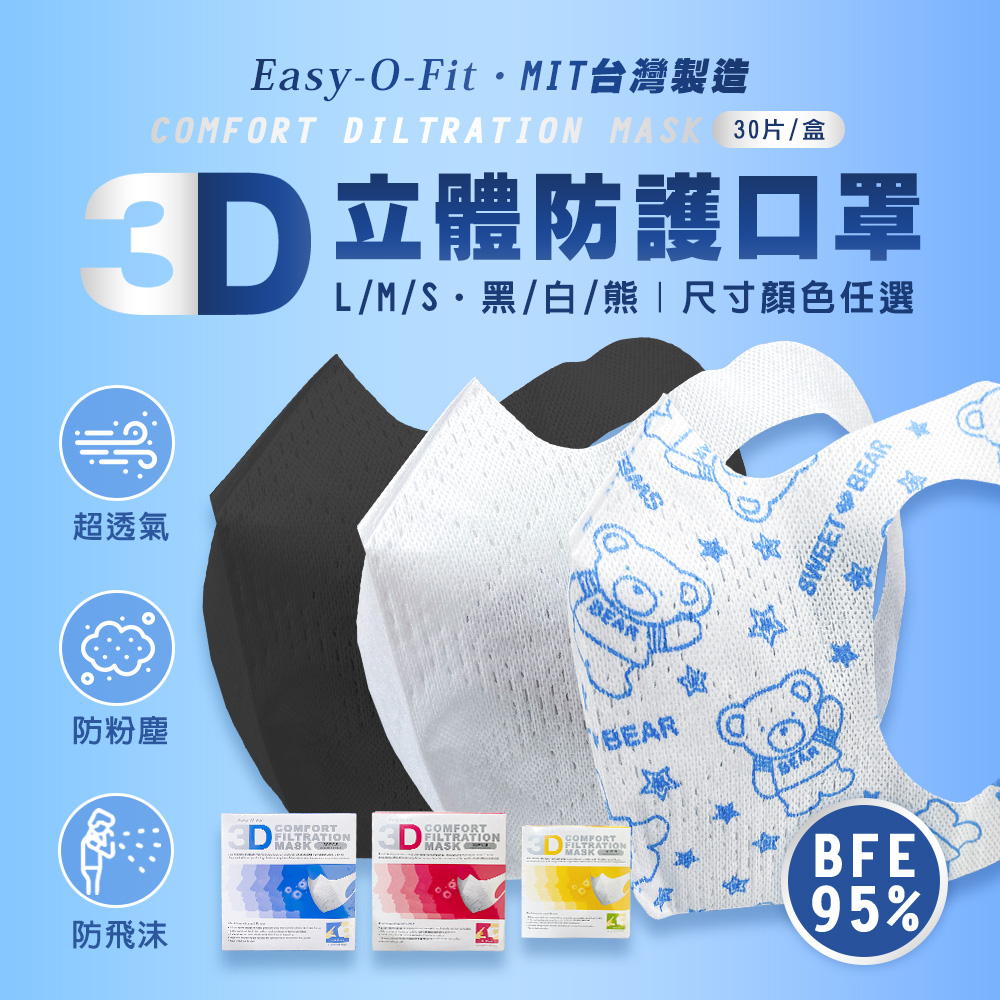 【美國Easy-O-Fit】3D透氣三層立體口罩-M-30片/盒/白色 6入組 