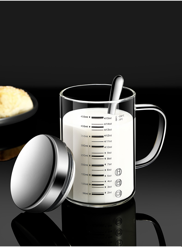 高硼矽玻璃帶蓋馬克杯 刻度牛奶杯