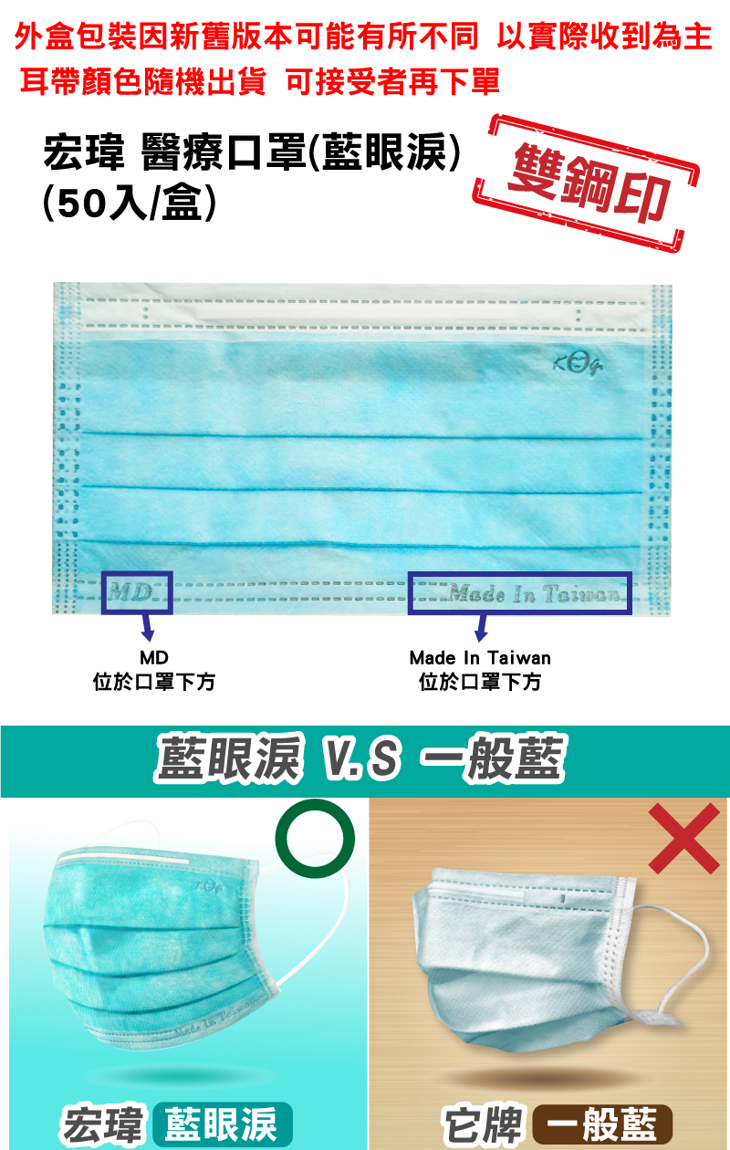 雙鋼印宏瑋醫療口罩 (藍眼淚) 50入/盒