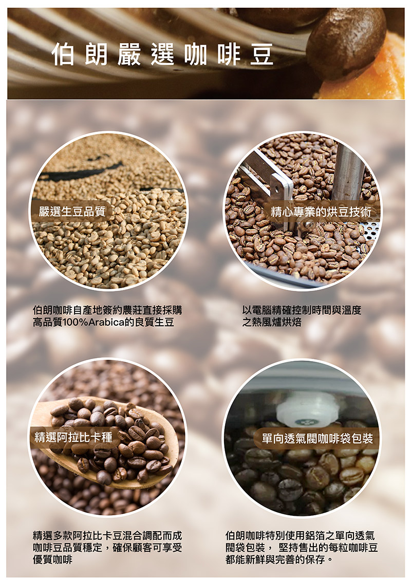【伯朗咖啡】嚴選香醇咖啡豆450g 6種口味任選 綜合/曼巴/哥倫比亞/義大利式
