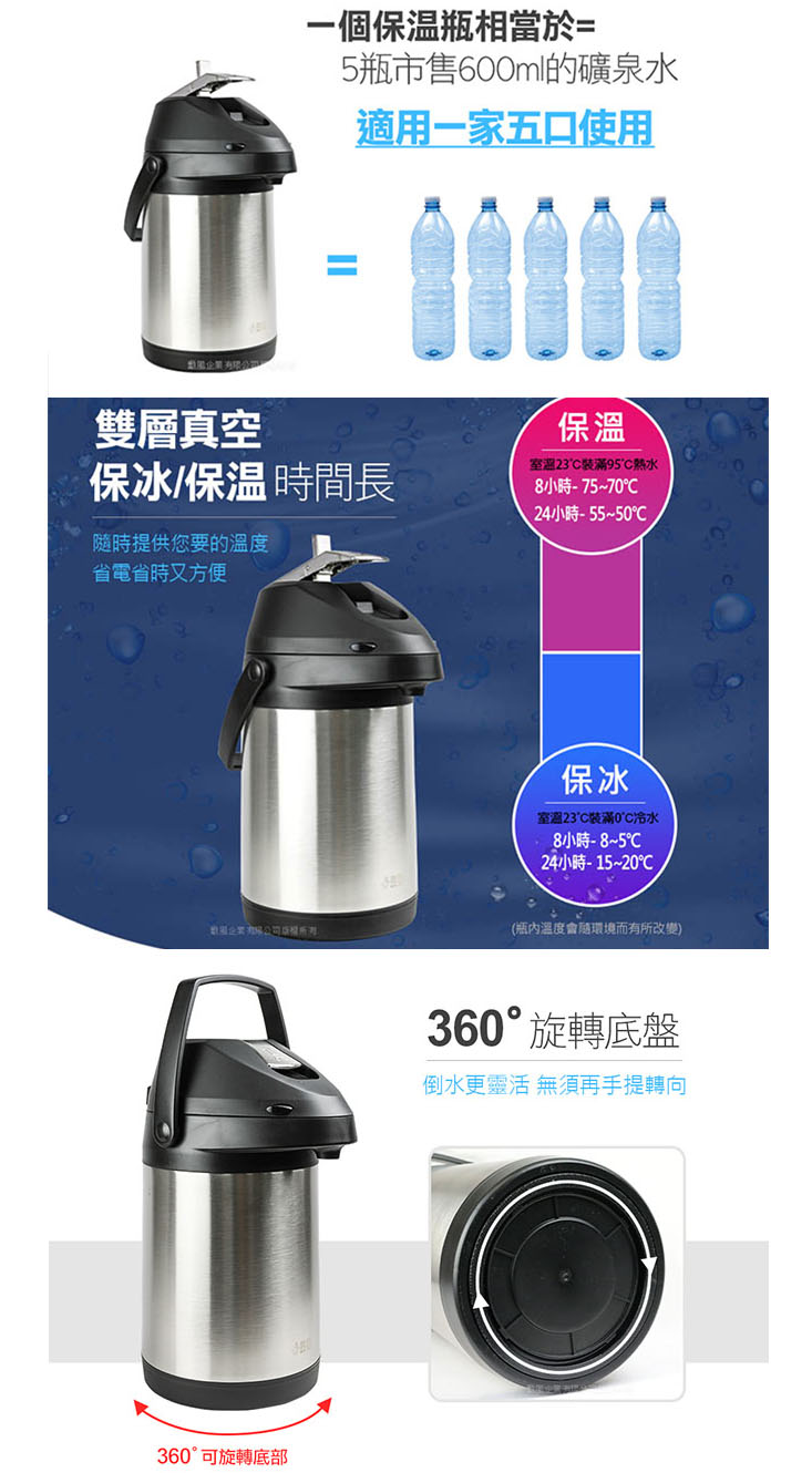 【勳風】氣壓式3公升真空不鏽鋼保溫瓶 HF-J863L(保冷/保溫)