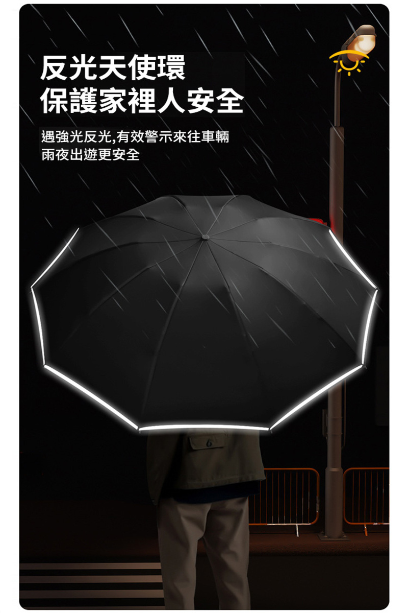 全自動黑膠環扣夜間反光反向傘5色