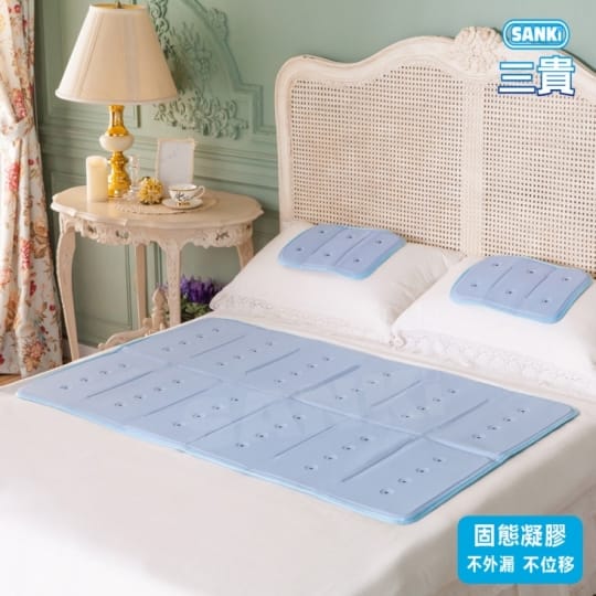 【日本三貴SANKI】散熱加強冰涼床墊 1床墊+2枕墊(素面藍)