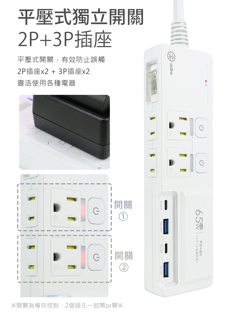 【aibo】PD65W 氮化鎵插座延長線／USB充電延長線 快充 過載自動斷電