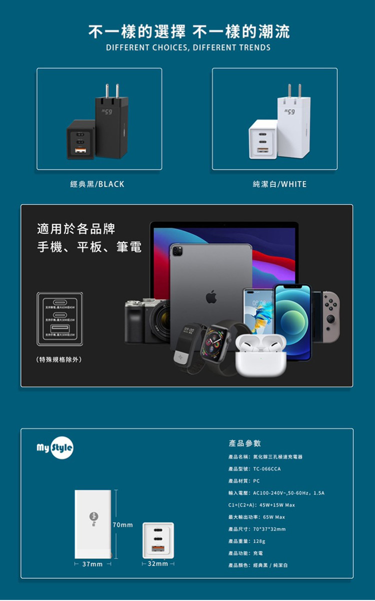 MyStyleMyStyle 65W GaN氮化鎵三孔極速充電器 二出三急速萬用
