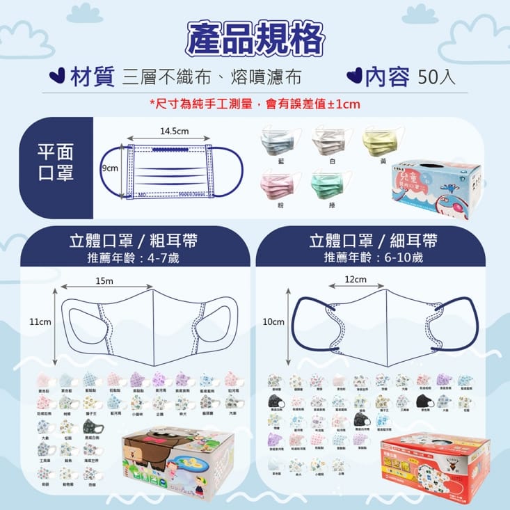 【淨新】醫療級兒童平面口罩(50片/盒) 適用4-10歲