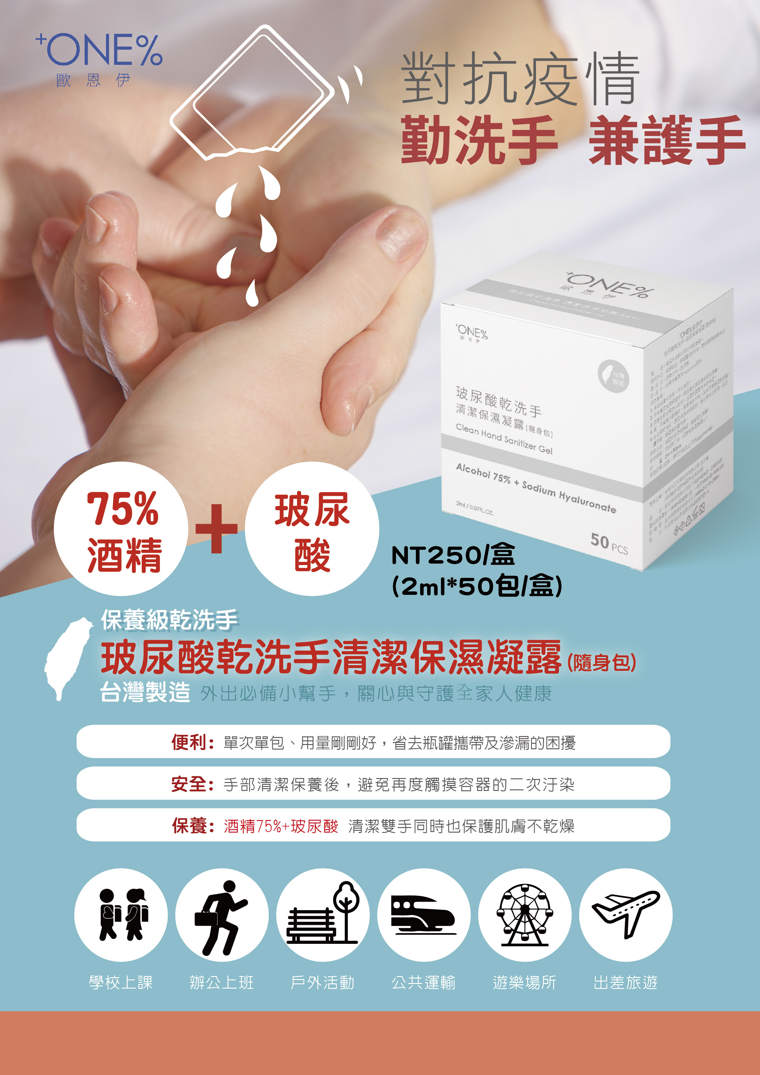 【歐恩伊】75%酒精+玻尿酸乾洗手清潔保濕凝露(隨身包50包)