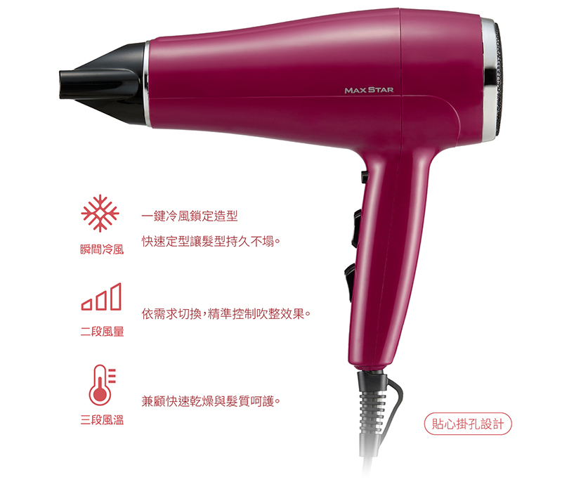 【太星電工】MAX STAR 負離子沙龍吹風機1400W 莓果紅 HNB1400