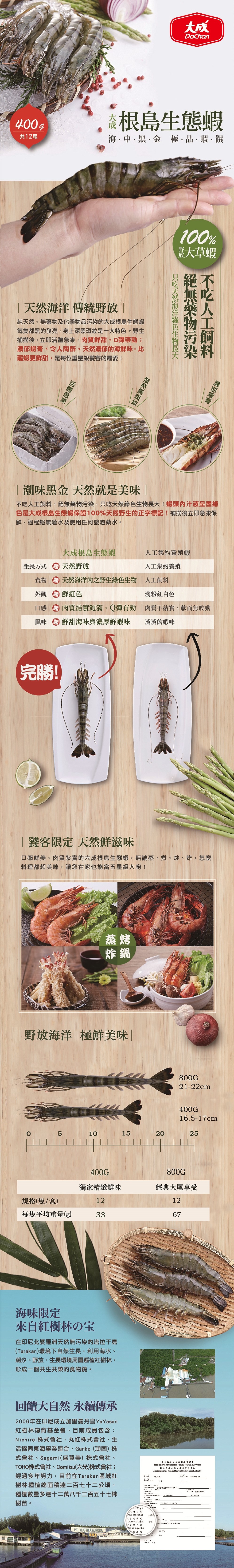 【大成食品】根島生態蝦 400公克/盒(12尾)