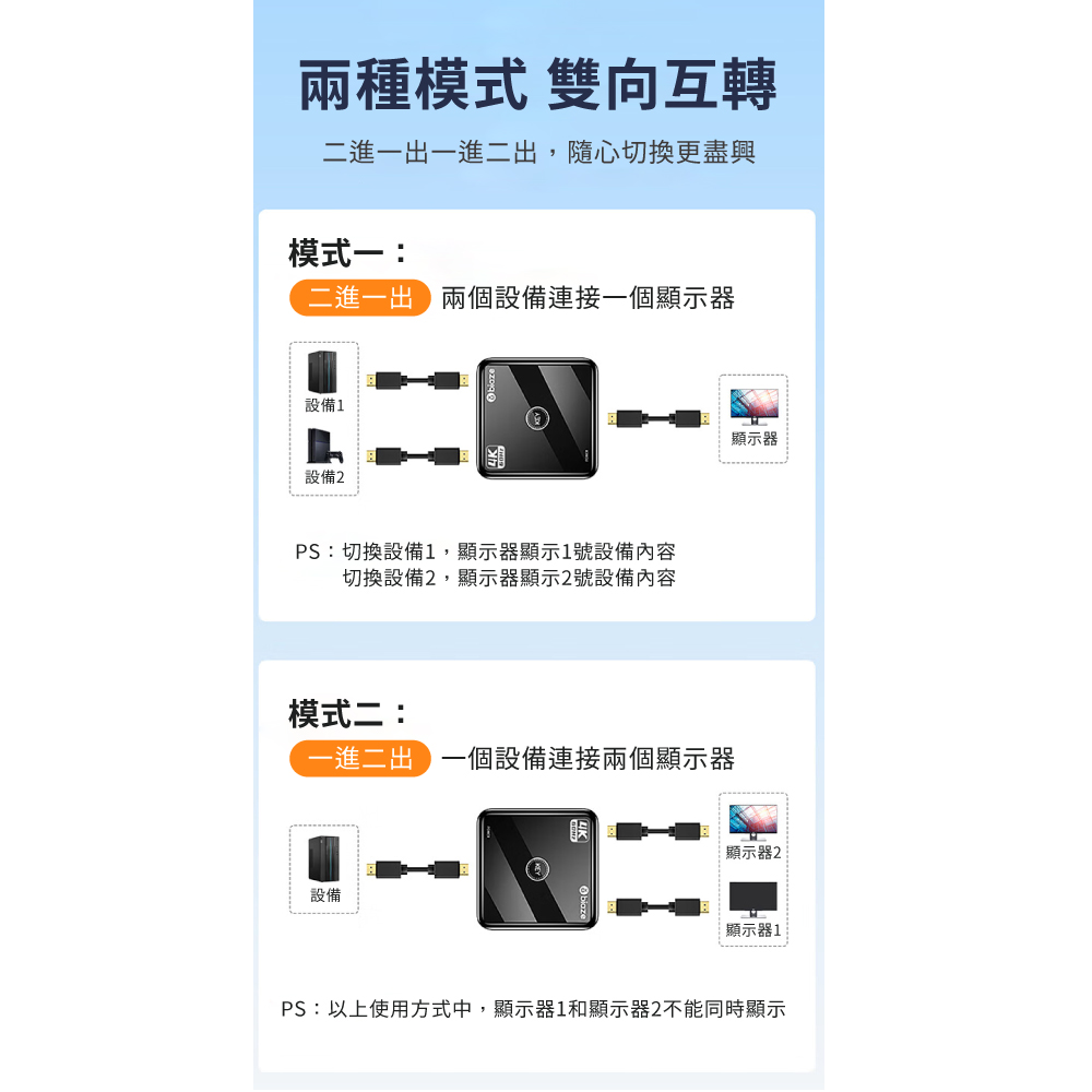 【biaze畢亞茲】HDMI 2.0切換器二進一出 4K 60Hz高清視頻分配器