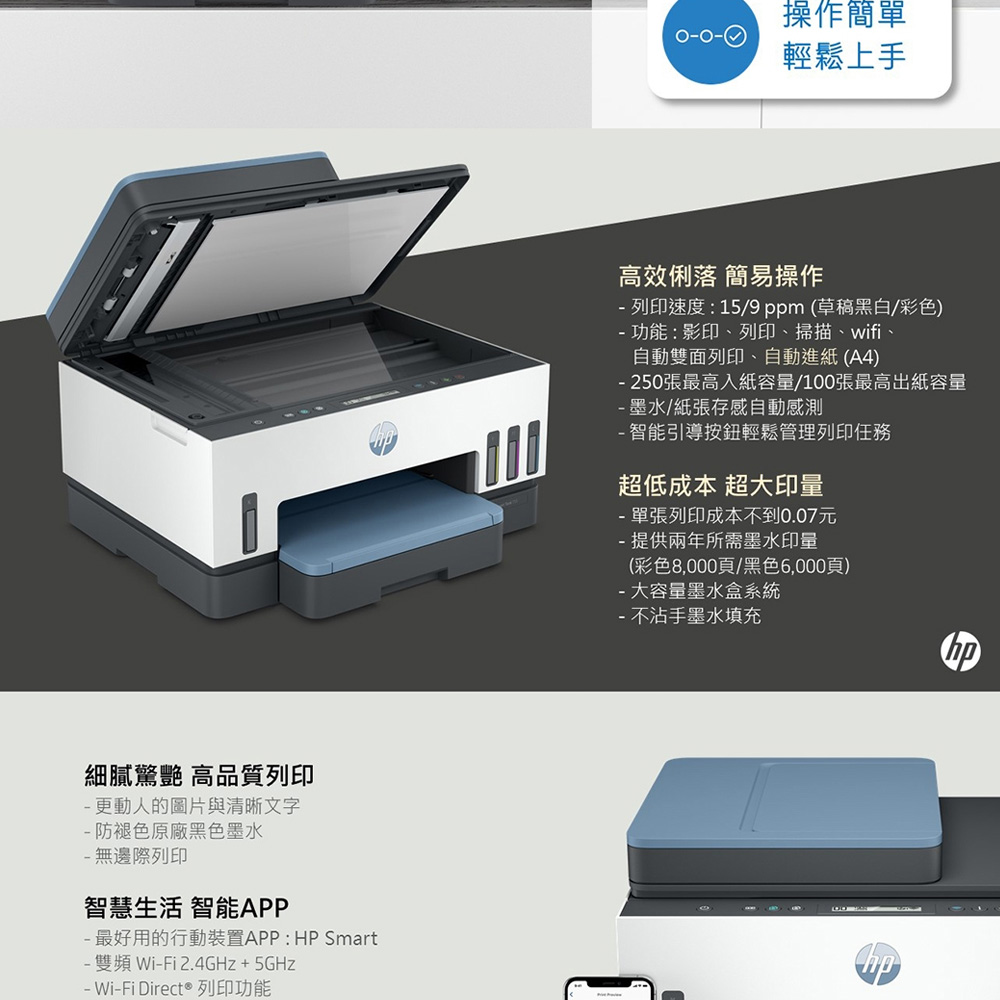 【HP】SmartTank755彩色無線連供多功印表機(送護貝機,含四色墨水)
