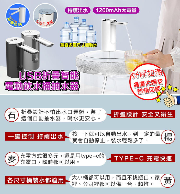       【YUNMI】家用桶裝水智能折疊抽水器 定量壓水抽水機 USB充電