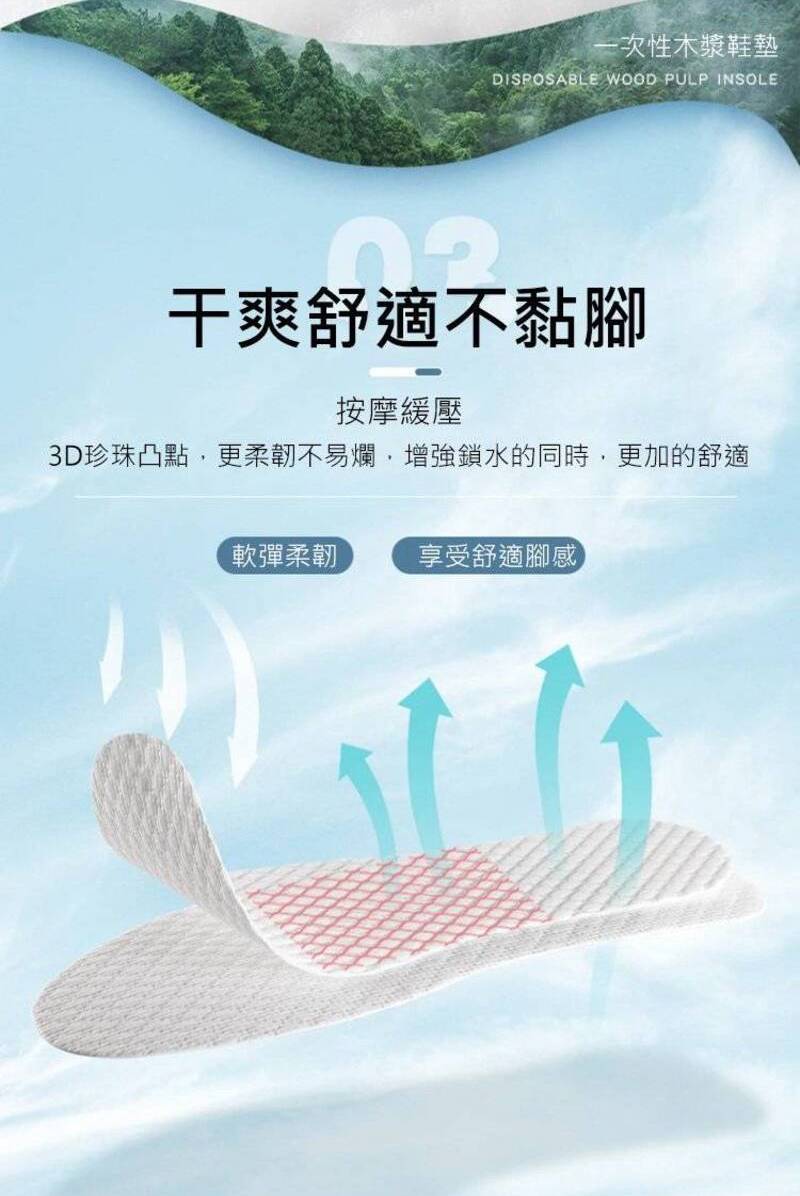 透氣木漿一次性柔軟鞋墊 讓腳乾爽一整天 取代悶熱襪子 免洗鞋墊 拋棄式鞋墊