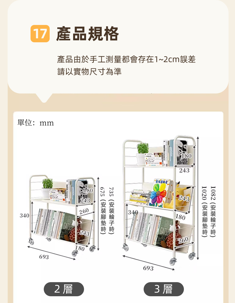 奶油風超穩固可移動鐵藝書架-升級層板(文件推車 兒童書架 移動書櫃 置物架)