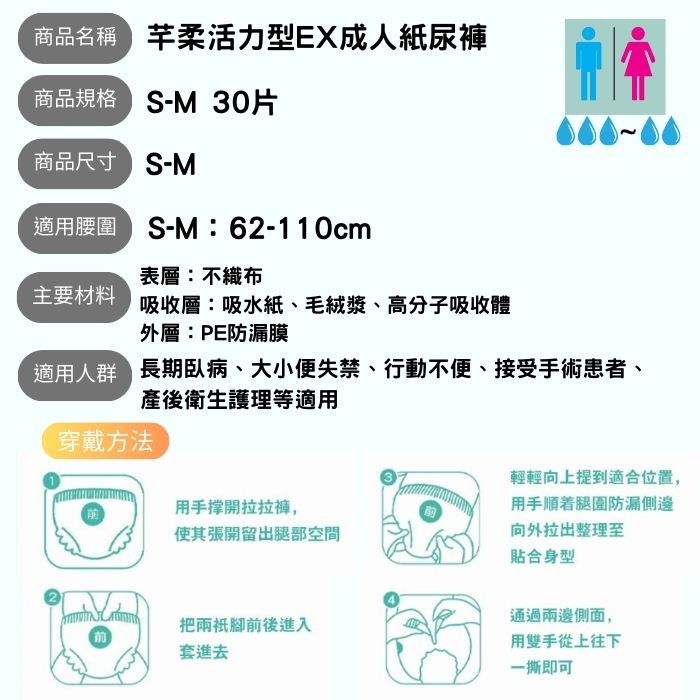 【芊柔】活力型EX褲型紙尿褲/成人紙尿褲 60片/箱 (S-M)