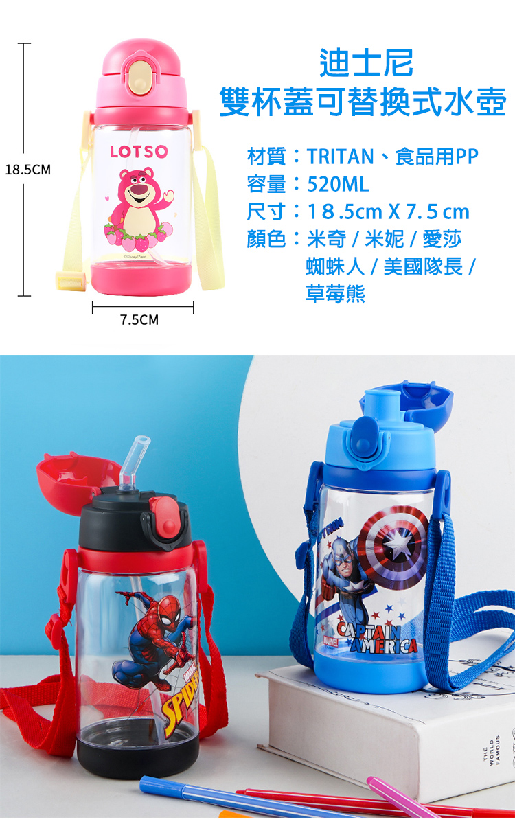 迪士尼卡通明星雙杯蓋可替換式兒童水壺(520ml) 吸管式/直飲式