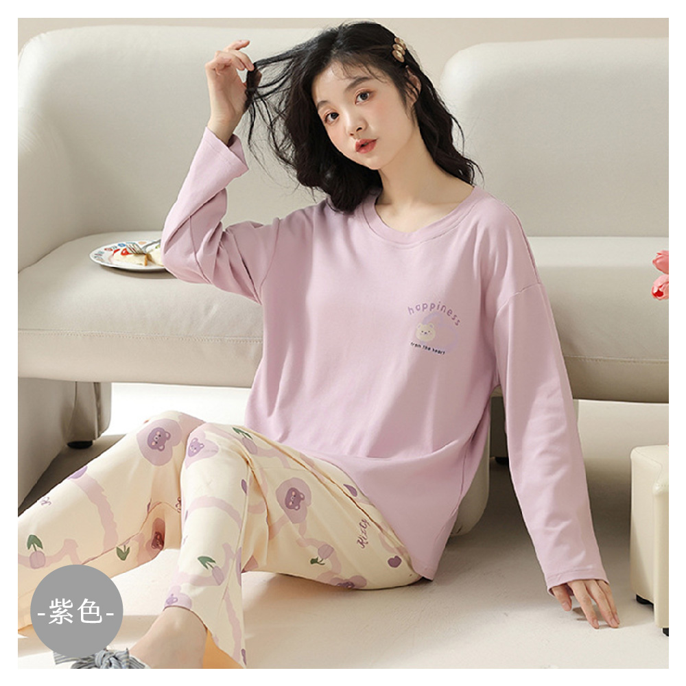 柔色悠閒附胸墊長袖居家睡衣 4色可選