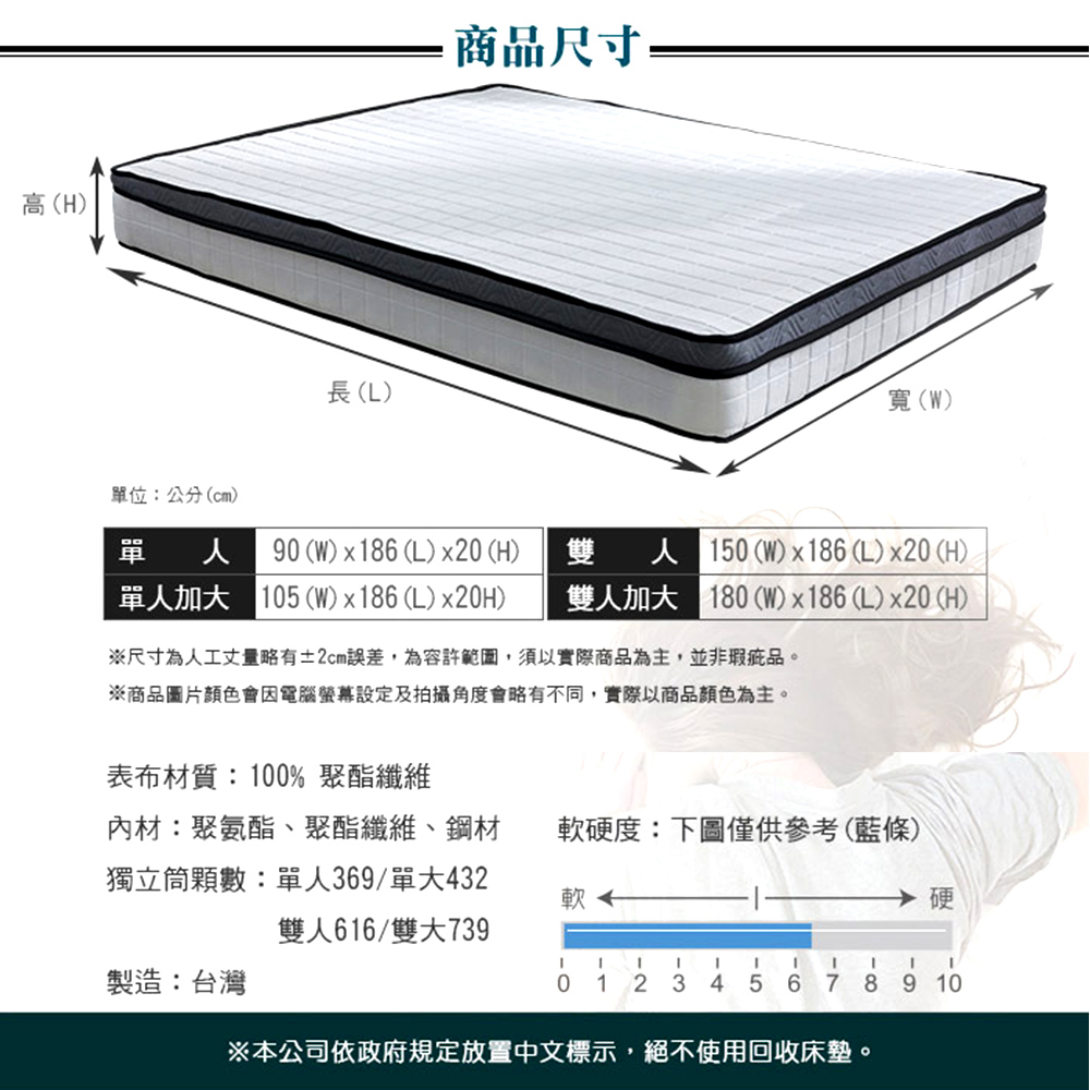 【藤原傢俬】3M吸濕排汗硬式獨立筒床墊(雙人加大6尺3C)