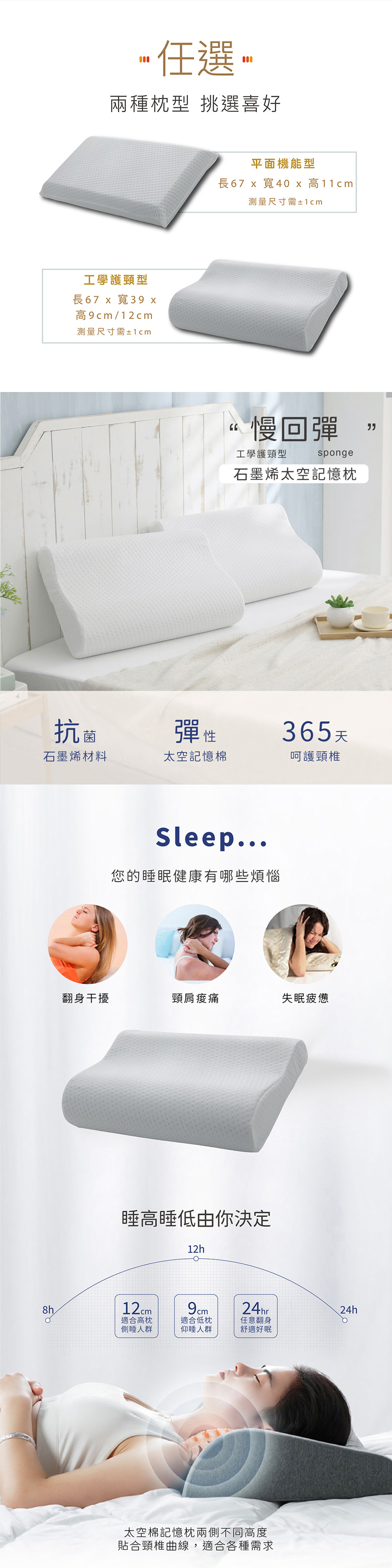 【BEST貝思特】台灣製石墨烯太空記憶枕 (平面機能型/工學護頸型)