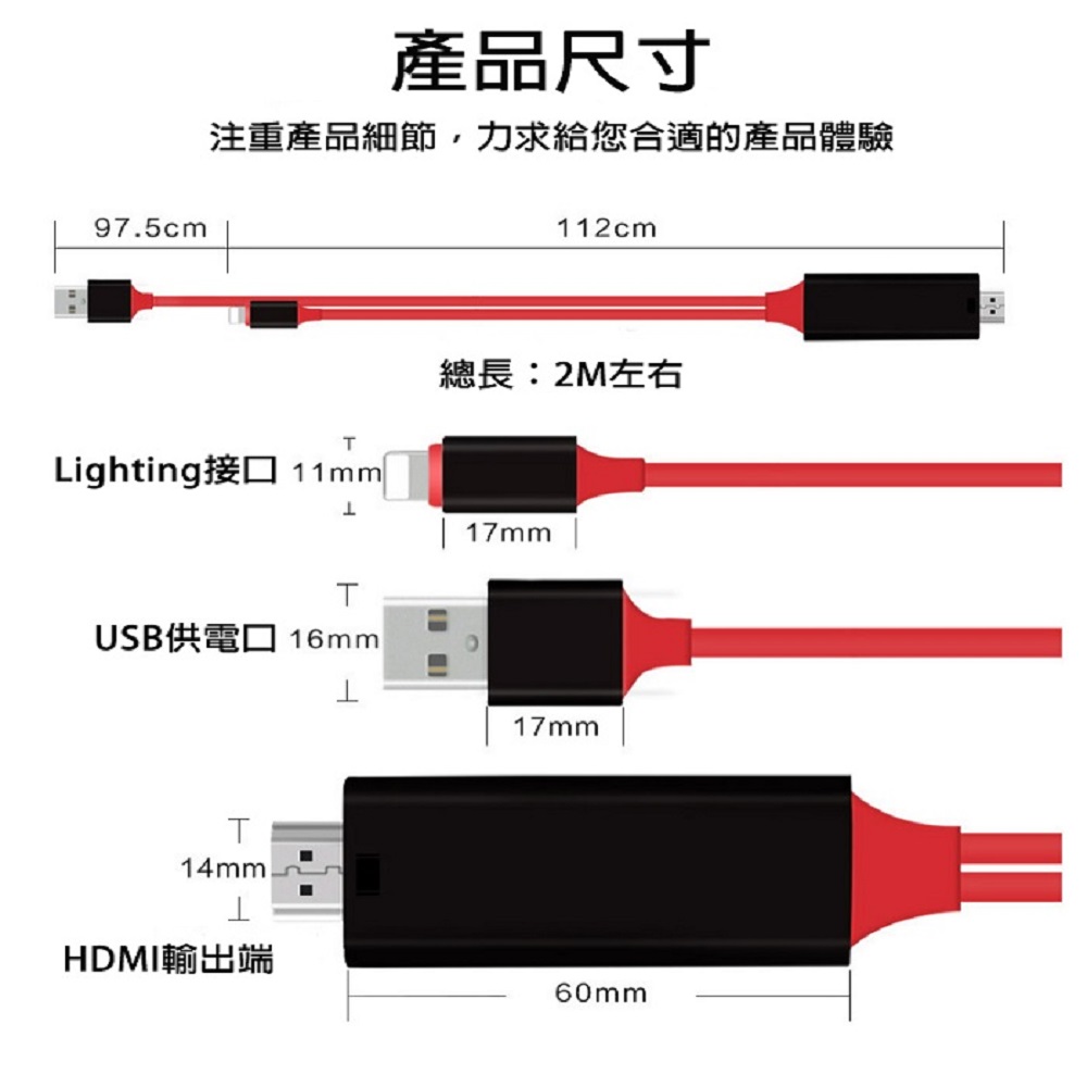 2M手機HDMI轉換投影線 USB/Lightning/十字通用款