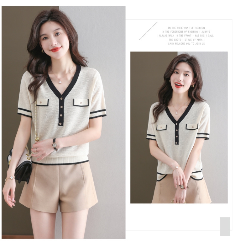夏季針織女款短袖/V領衣/小香風金邊針織衫/V領拉鍊針織衣